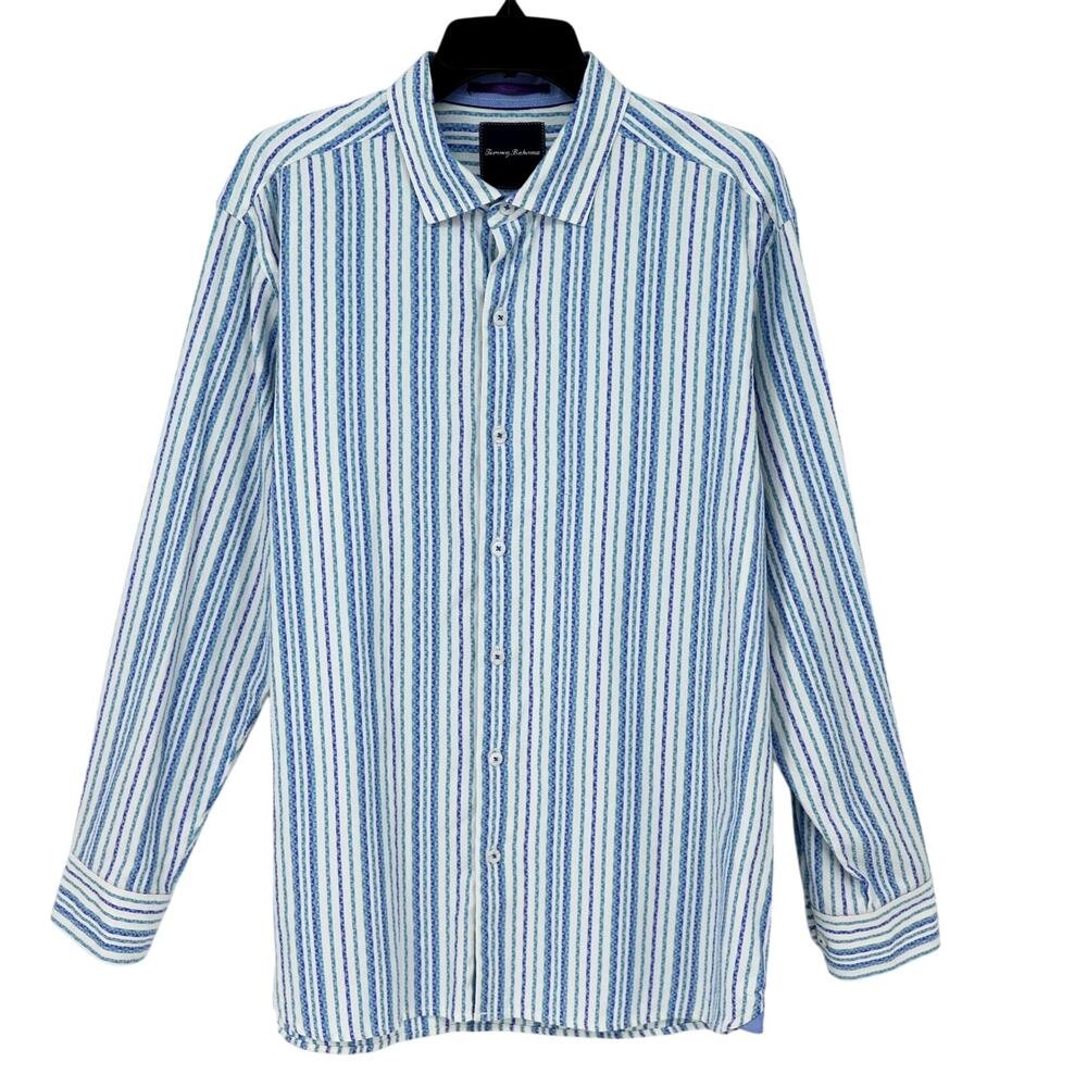 Tommy Bahama Shirt Mens Large Blue White Stripe All Cotton Casual Hawaiian